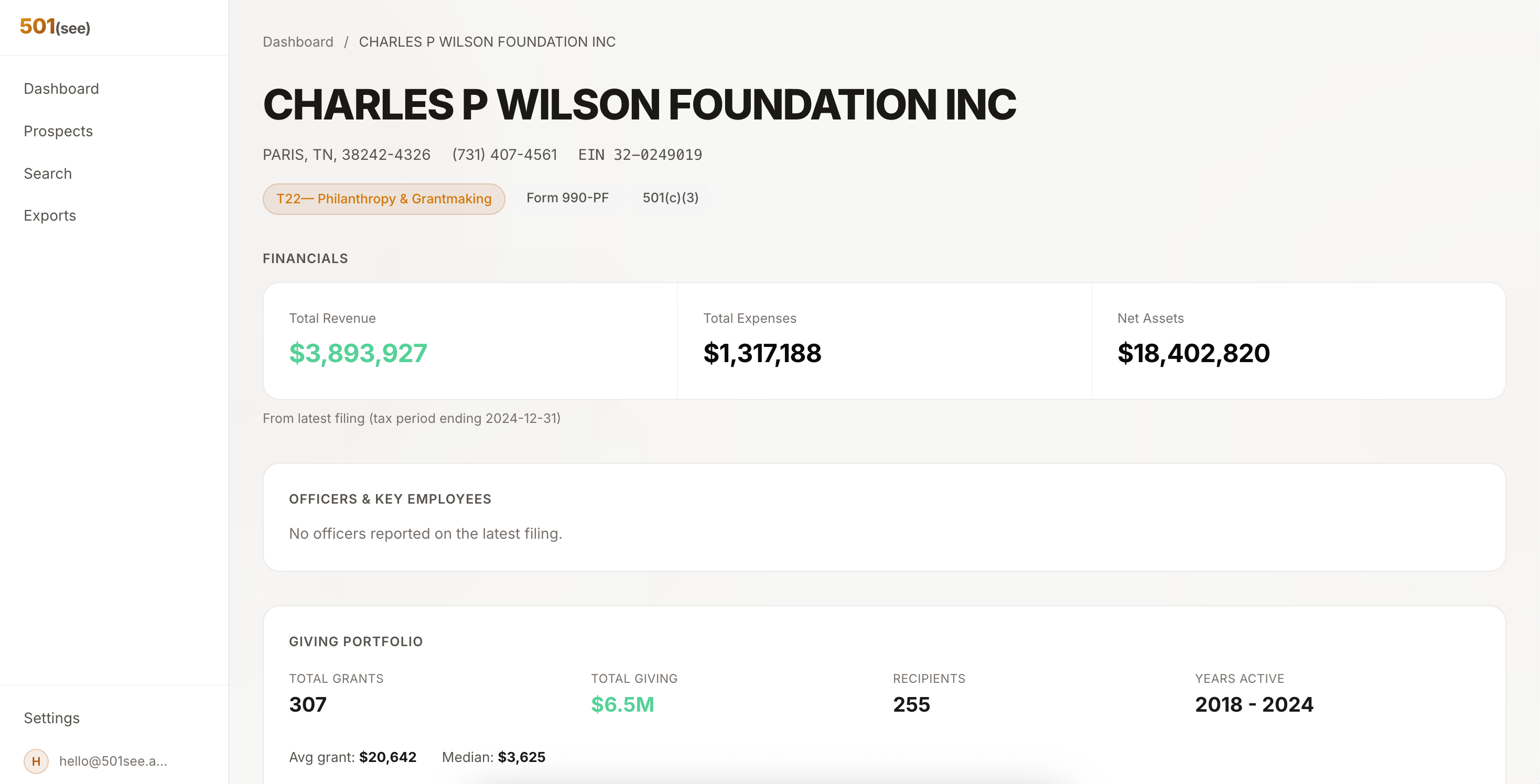 Foundation profile showing multi-year giving history, recent grants, and officer contacts